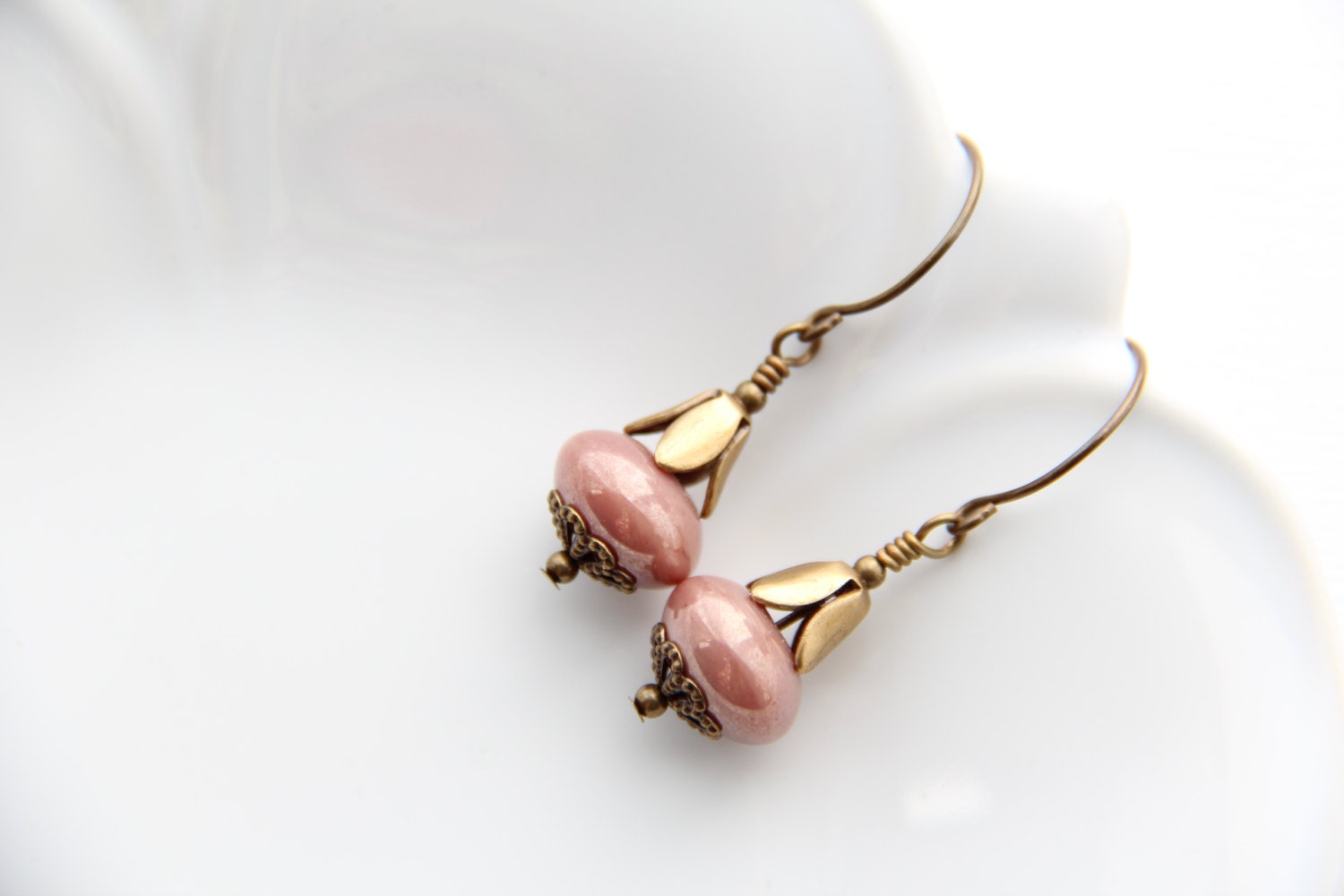 Mauve Pink Dangle Earrings rose brass