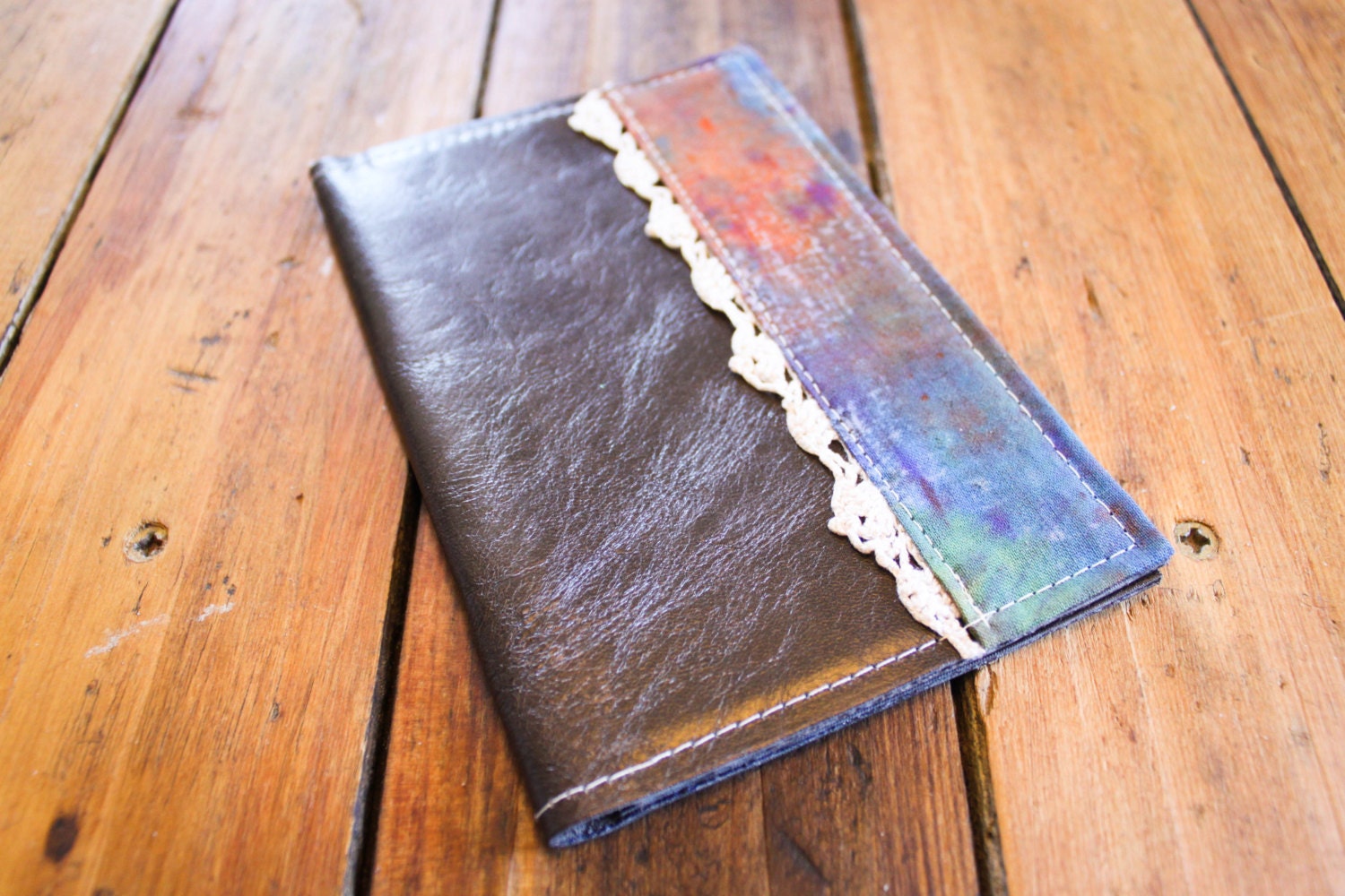 NZFINCH womens leather Passport Wallet, lace, tie dye fabric detail