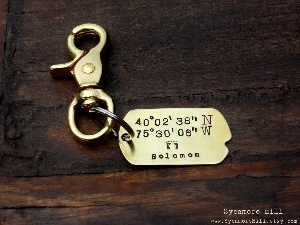 The Salty Dog Key Fob (tm) -   for Dads and Grandfathers - CUSTOM and PERSONALIZED Longitude and Latitude on Vintage Brass Military Dog Tag