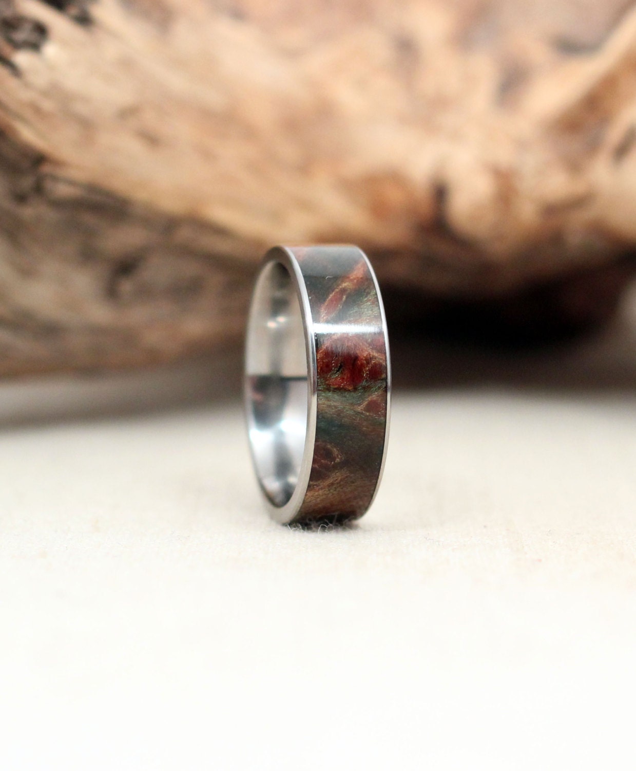 Size 8.5 - Blue Stabilized Redwood Burl Lined With Titanium Wooden Ring