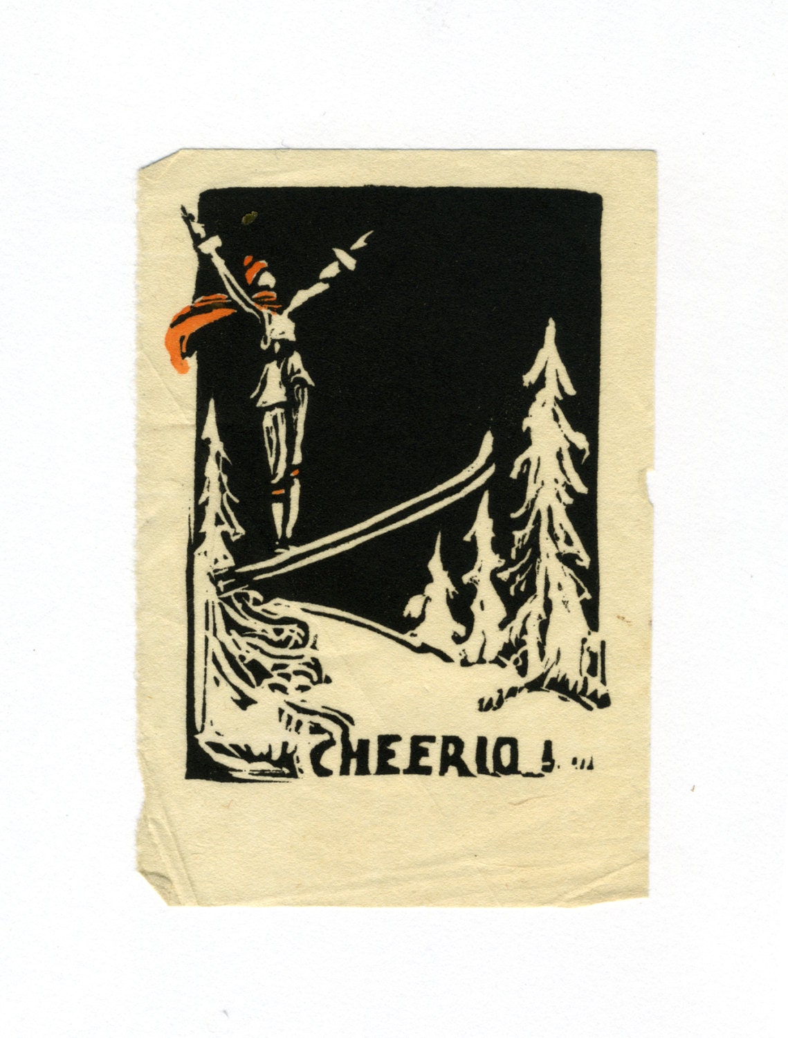 circa 1930's original art block print of skier image for christmas card