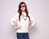 70s 80s Cream Sweater - Bat Wing Sweater - Knit Fabric - Geometric Design - S M