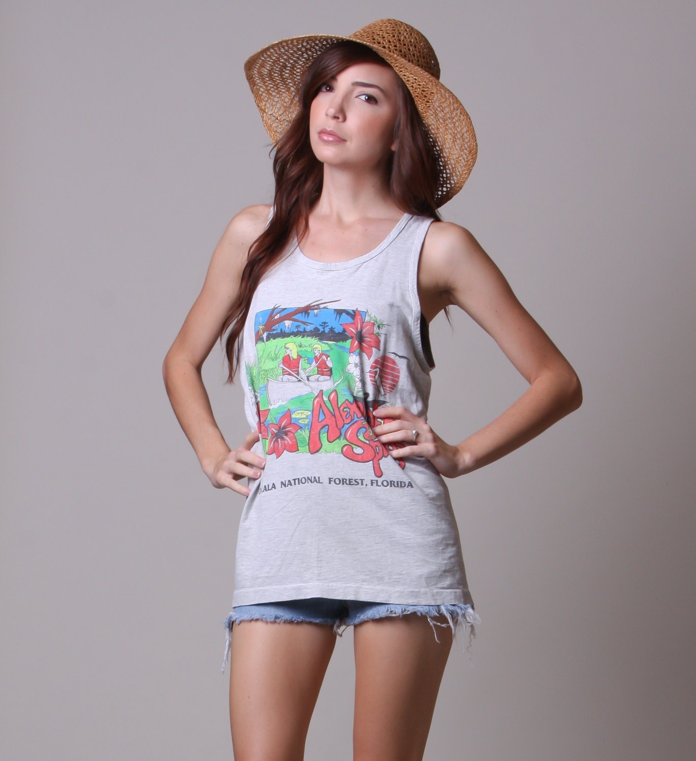 80s Slouchy Tank - Vintage Alexander Springs Tourist Tank - Canoe Scene - Medium Large
