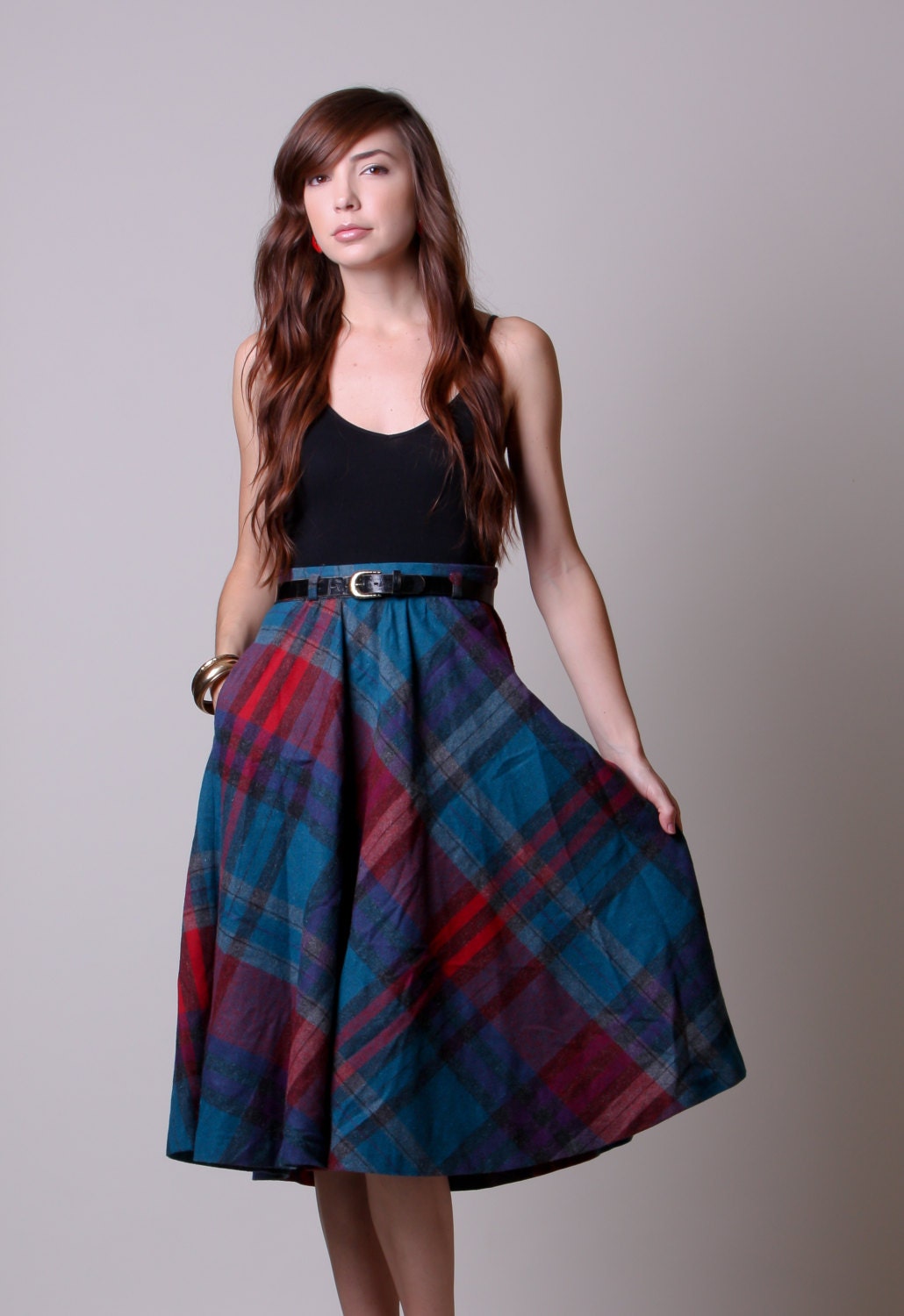 70s Skirt - Vintage Plaid Skirt - High Waisted Plaid Skirt - Red and Teal - Medium
