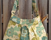 Hobo Purse Cross Body Pleated Bag with Adjustable Strap and Zipper Closure  - Green, Turquoise and Blue Flowers