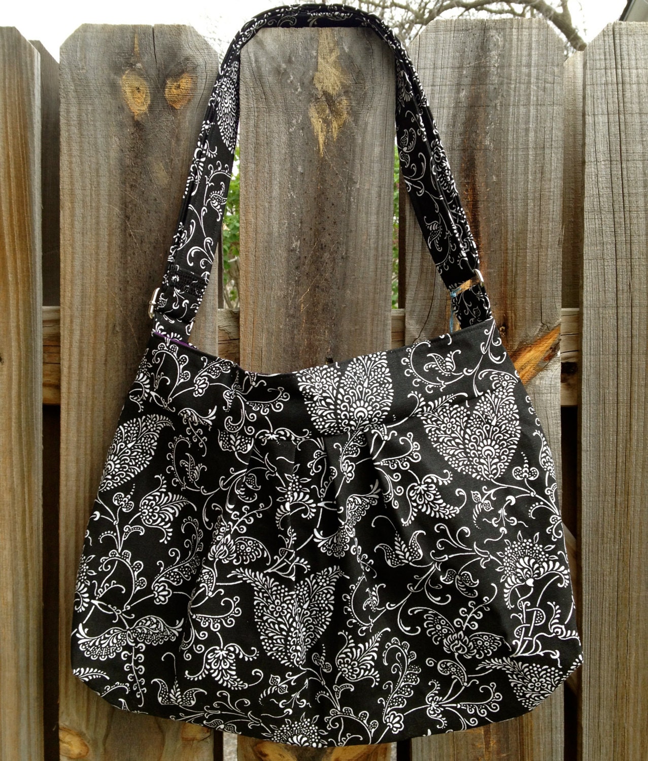 Hobo Purse Cross Body Pleated Bag with Adjustable Strap and Zipper Closure - black and white floral