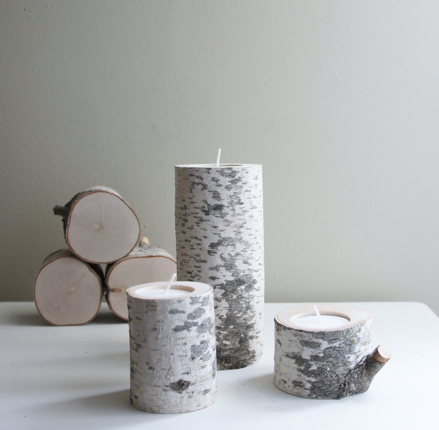 natural white birch wood candle holders - set of 3