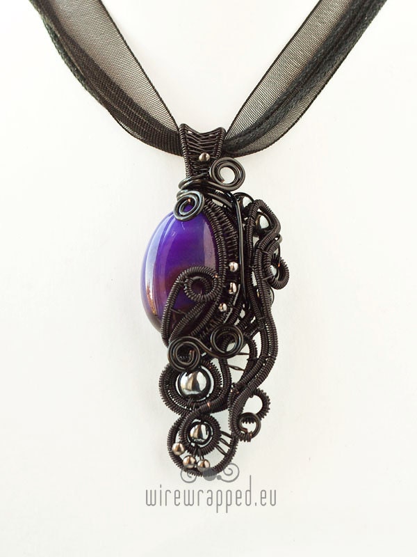 OOAK Purple agate black wire asymmetric gothic pendant