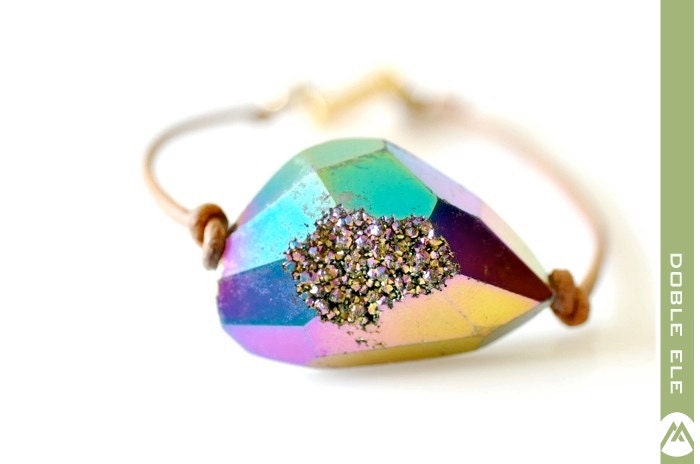 OOAK Faceted Rainbow Titanium Druzy Leather Bracelet -05-