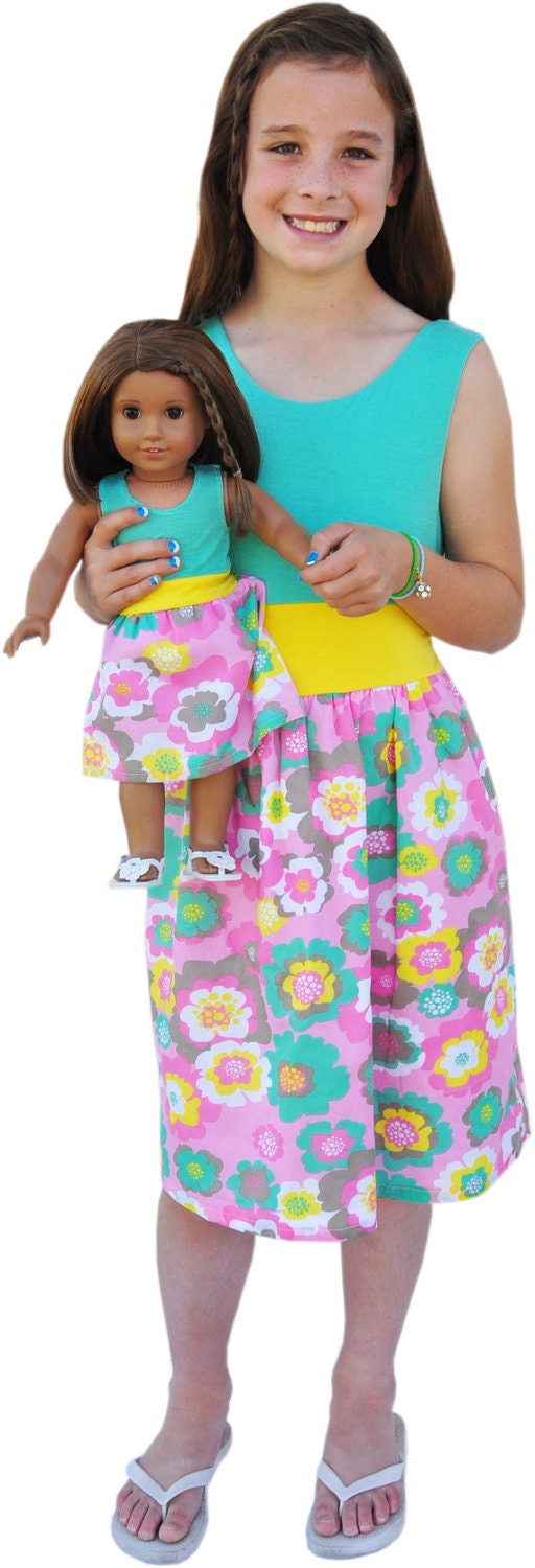 Matching Girl Doll Clothing - Spring Party Dress in Mint and Pink Floral