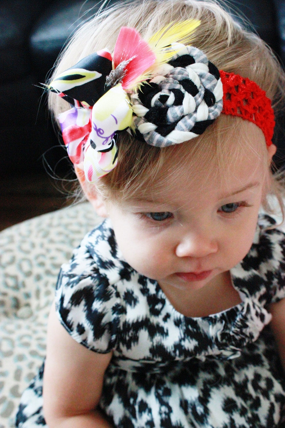 ONE OF A KIND-Red, black, white and grey-Baby girl headband-Photo prop-Handmade headband-Feather headband-Hair-Newborn headband