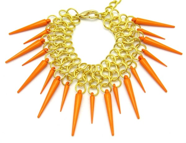 Punk Rock Bracelet - Summer Jewelry - Bright Orange Spikes - Edgy Cuff - Glam Rock - High Fashion Jewelry