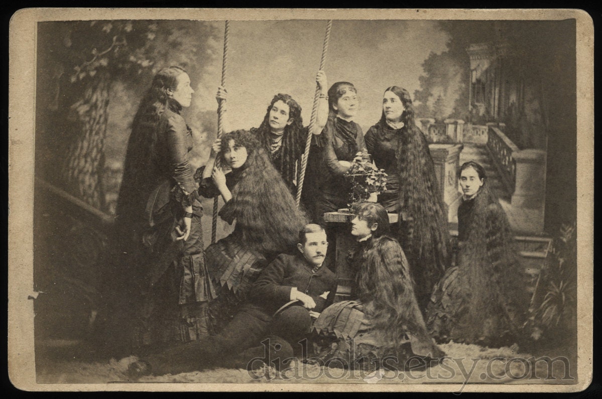 Rare Cabinet Card / Hair Growing Advertising Photo / Seven Sisters with Long Hair
