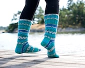 Blue turquoise socks hand knit striped socks in wool blend yarn. Ocean.