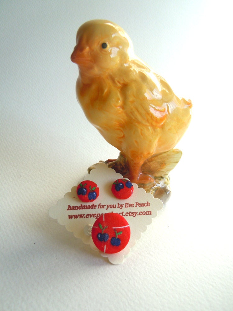Cover Button Ring and Earring Set- Blue Apple Print Vintage Fabric Ring and Earrings