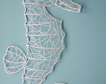Beach Wall Decor Metal Wire Sea Horse- Shabby Chic White with Pink Sea Urchin Eye