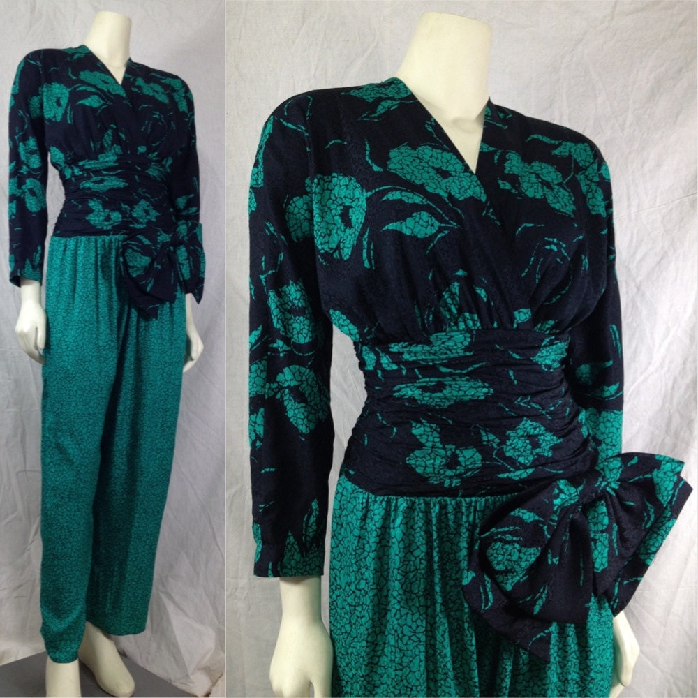 Vintage 1980s jumpsuit Ruched waist Faux wrap Dynasty Giant Bow Rickie Freeman for Terijon