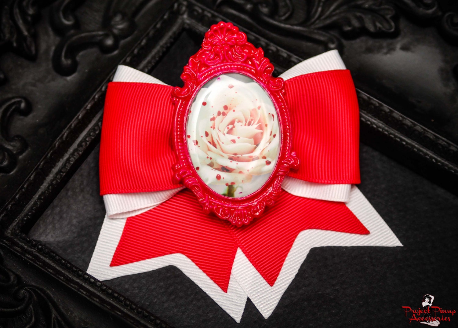 Red & White Bloody Rose Cameo Traditional Hair Bow Clip