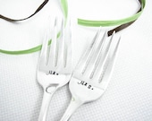 Mr and Mrs Wedding Forks - Hand Stamped Vintage Dessert Forks, Wedding Decor, Stamped Utensils