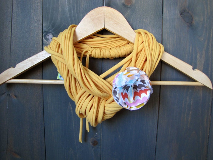 Soft Sunny Yellow Cotton Jersey Infinity Scarf with Patterned Floral Brooch