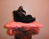 90s Black Suede Wild Pair Platform Wedge Ankle Strap Sandals Size 6