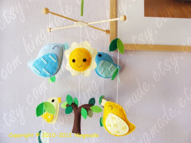 Bird Crib Mobile - Baby Shower Decor - Morning Bird Mobile - Blue Yellow Birds and Tree Mobile(You can Choose your colors)