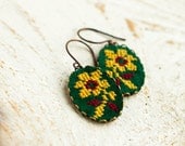 Earrings with hand embroidered flower on dark green felt in bronze - gift for her - with hypoallergenic ear wires