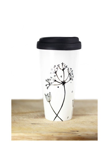 Ceramic Coffee Mug with silicone black lid - Queen Anne's Lace Design  Black Botanical Minimalist Modern Eco Friendly Decorative Unique Art - SylwiaGlassArt