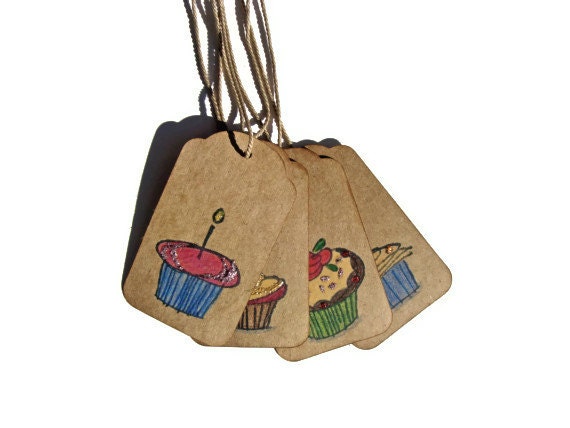 Cupcake Gift Tags Set of 4 Handmade Packaging Gift Wrap Birthday Celebration Stamped Scrapbooking Brown Stamped