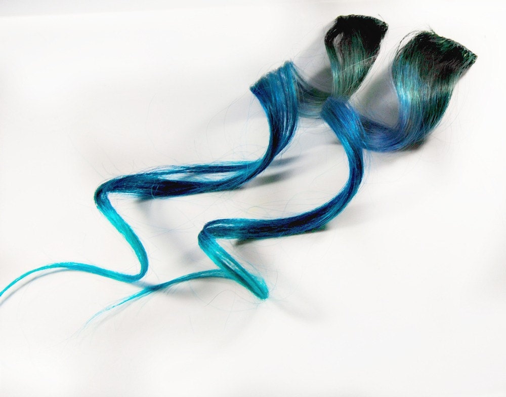 BLUE JAY / Human Hair Extension /  Black Blue / Long Tie Dye Colored Hair