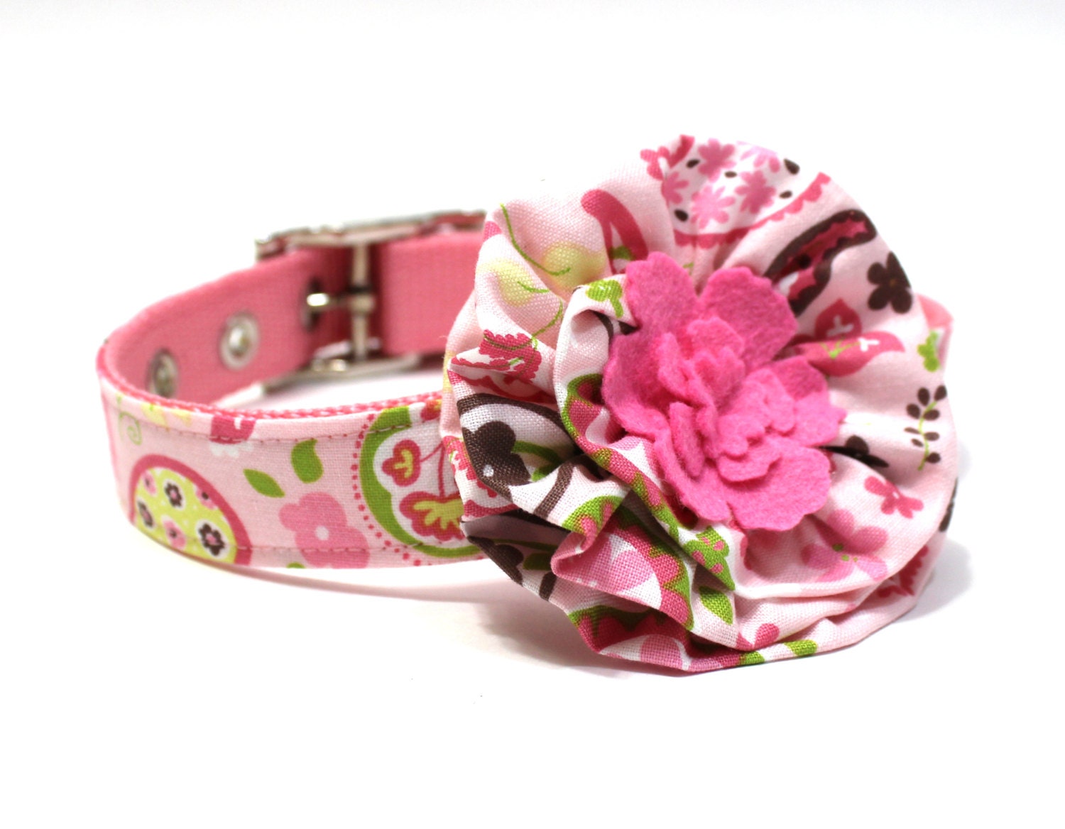 Flower Dog Collar- Pink and Brown Summer Paisley