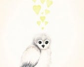Owl Nursery Decor Yellow and Lime Green -  8x10 Print for Baby Boy Nursery or Baby Girl Nursery, Watercolour Painting of Owl