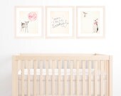 Baby Girl Nursery Decor, Set of 3 8x10 Shabby Chic Pink Nursery Art, Watercolour Illustrations of Animals, Wall Art for Girls Room