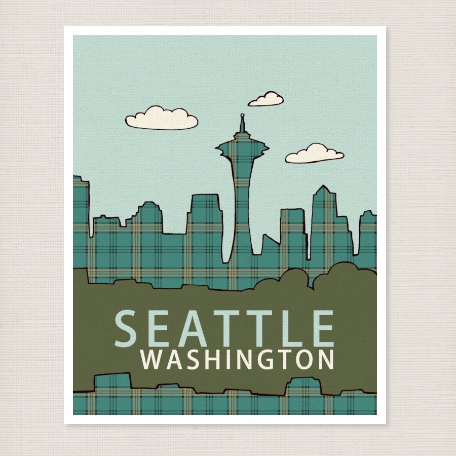 Seattle in Plaid 11x14 / Typography Print, LARGE City Skyline, Nursery Decor, Illustration, Travel Theme, Digital, Trendy Loft, Grunge Music