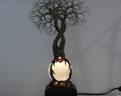 Full Moon Rising Wire Tree Of Life Soul Mate Spirits sculpture on White Selenite Sphere Gemstone Wood base Lamp, Weddings, Anniversary