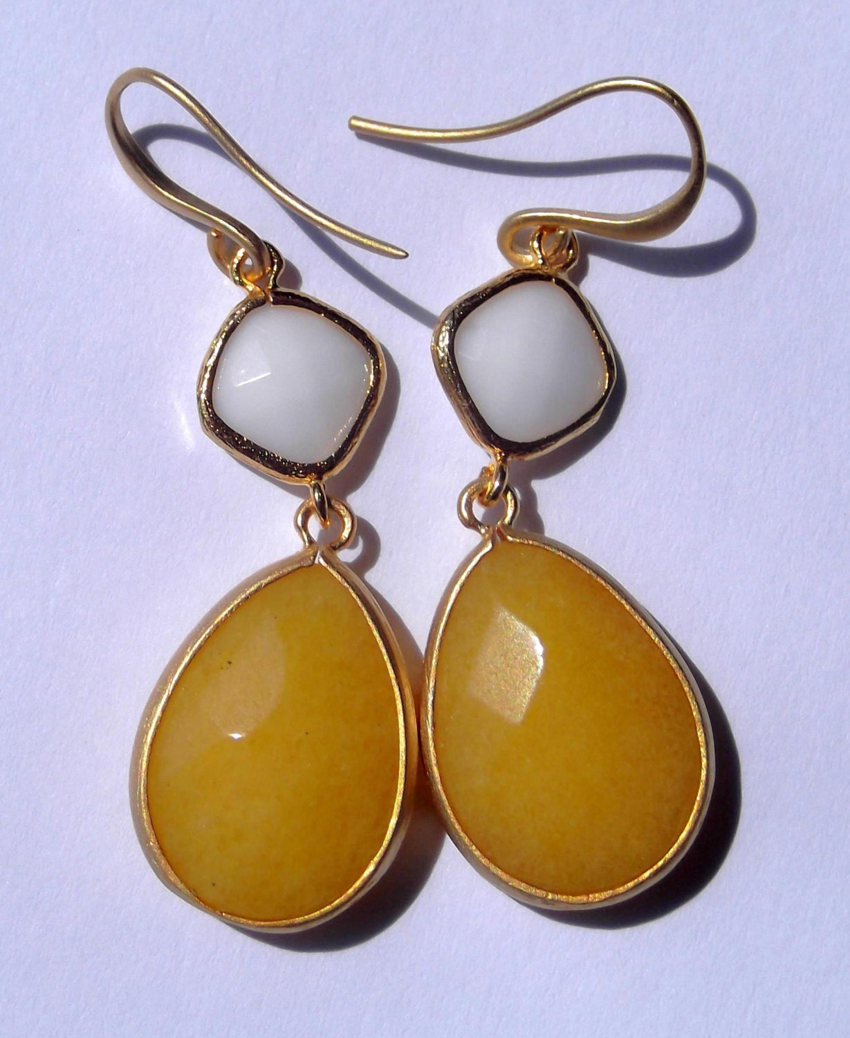 Lemon Meringue Double Matte Gold Framed Faceted Glass and Synthetic Stone Duo Dangle Earrings - White Opal and Lemon Yellow Stones