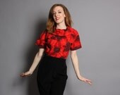 1960s HAWAIIAN BLOUSE / Cherry RED / Metallic Floral Print, s - m