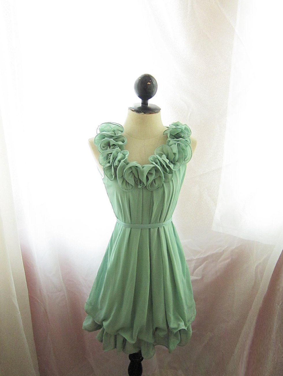 Vineyard Green Seafoam Mint Rosette Marie Antoinette Minty Tea Party Angel Ethereal Secret Garden Alice in the Wonderland Chiffon Dress