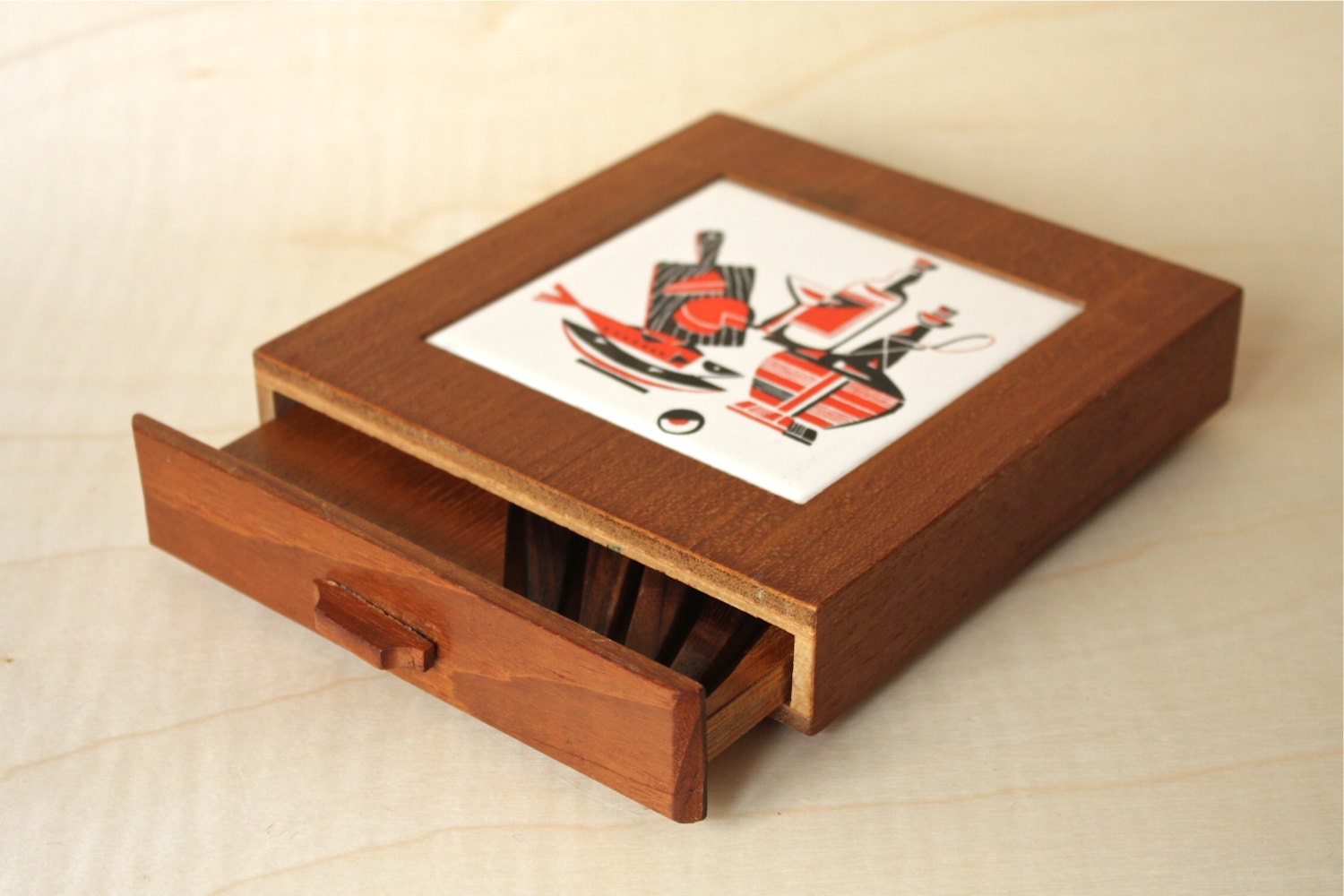 Mid Century Modern Teak  Cheese Board with Drawer for Fork, Knives and Bottle Opener