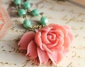 Pink Rose Necklace Coral Flower Pendant Aqua Glass Beaded Chain Seafoam Mint Shabby Chic, Vintage Style, Resin Floral Spring Accessories