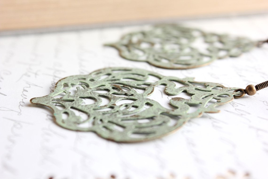 Large Patina Earrings, Light Sage Green, Metal Lace Filigree Dangle Earrings, Large Drop Lacy Rustic Shabby Chic, Patina Jewelry, Boho Chic