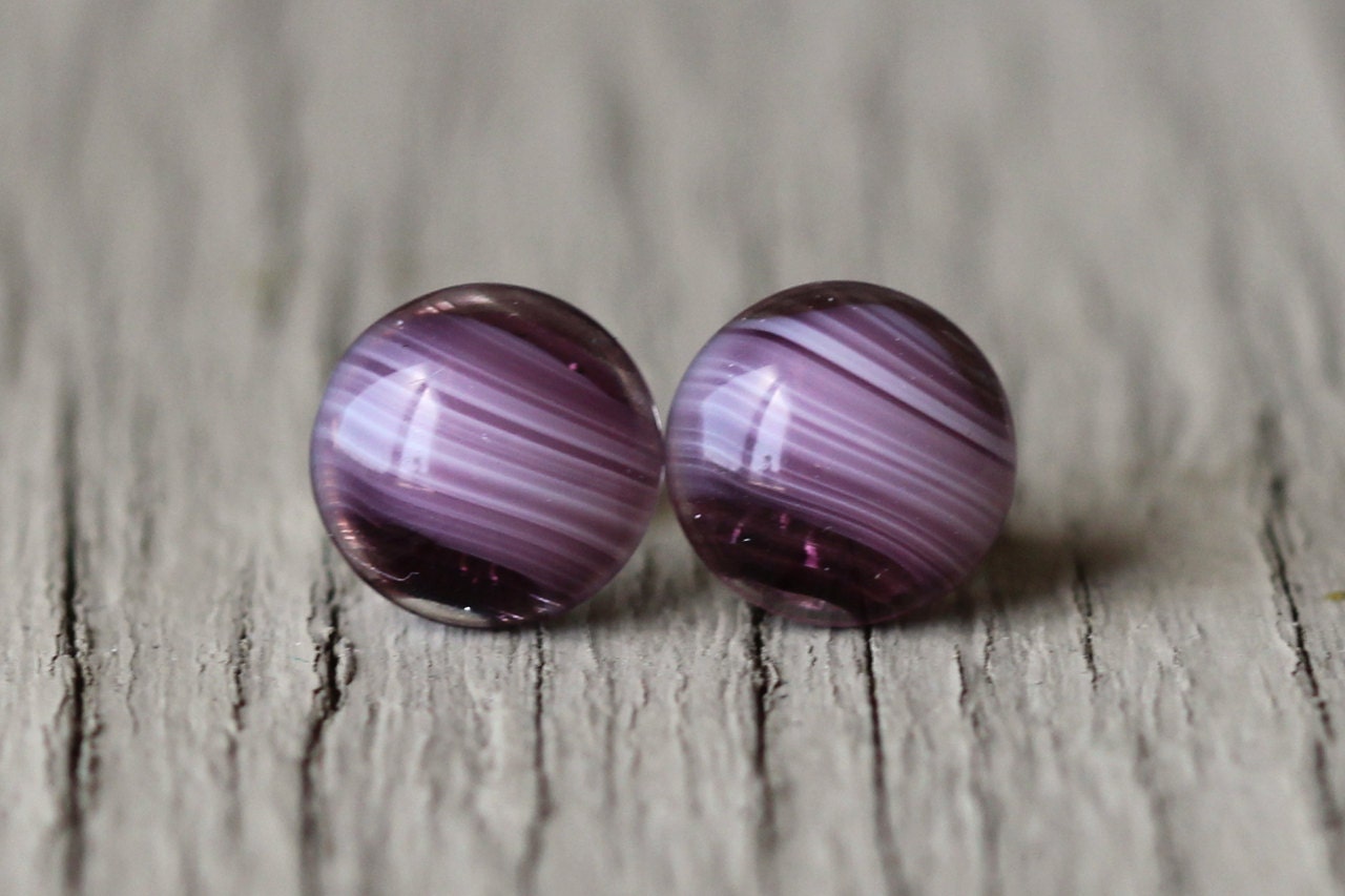 Purple Stud Earrings : Purple and White Swirled Stud Earrings, Amethyst, Fake Plugs, Minimal, Simple, Artisan Tree
