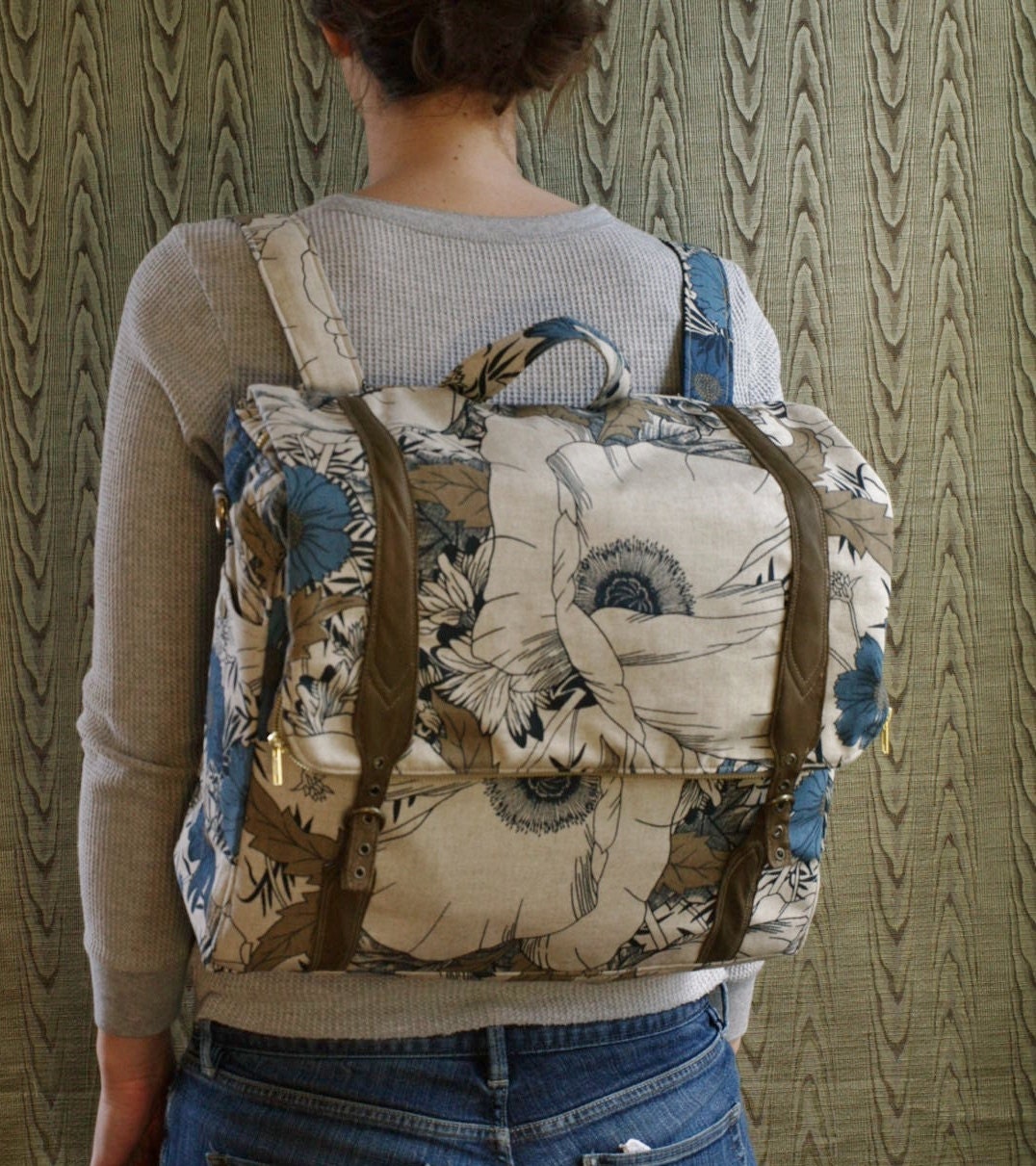 custom Convertible backpack messenger travel bag- blue floral rucksack with adjustable leather straps