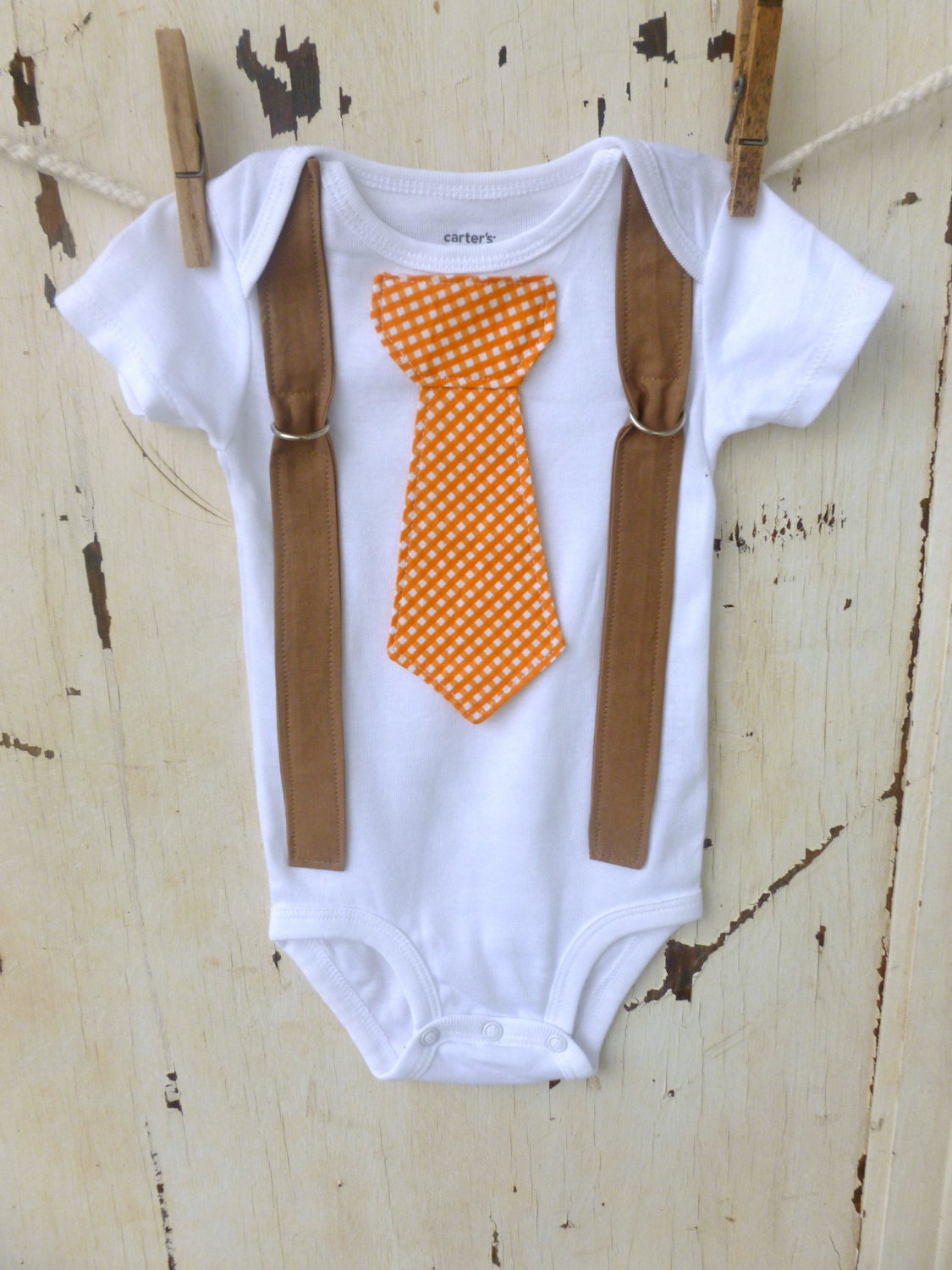 Onesie with Suspenders and Tie - Photo Prop - Infant Onesie - Modern Clothing - Orange Gingham