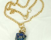 D-20 Necklace Blue Green Swirl on 18" Gold Tone Chain Gamers Geeks RPG
