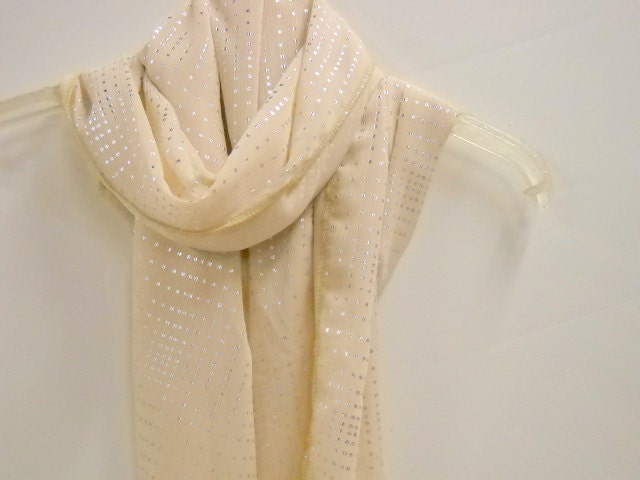 Silky Scarf, Extra Long Scarf Shawl, Fashion Scarf, Silky Shawl, Evening Wrap, Womens Accessories, Silver on Beige