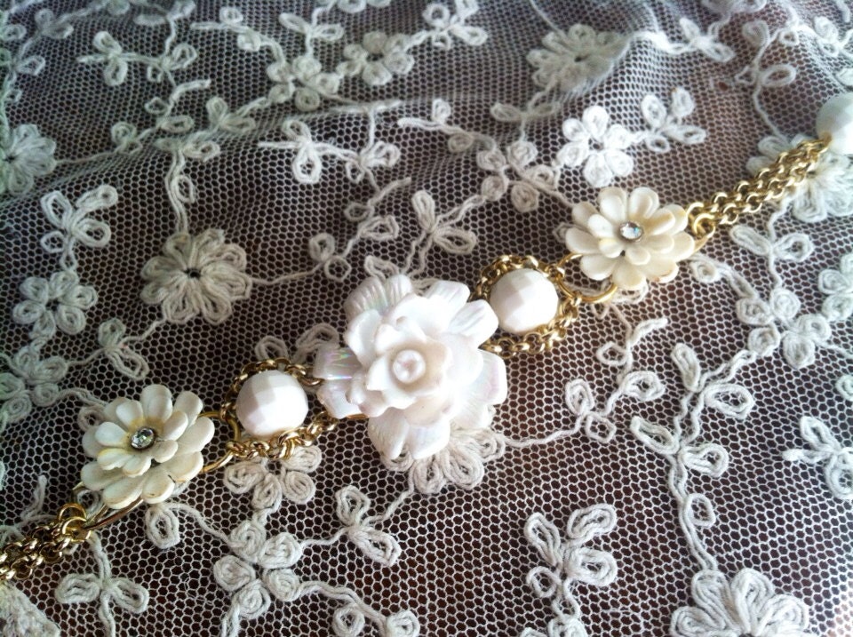 Darling White Vintage Flower and Gold Bracelet - Rhinestones, Multi Strand