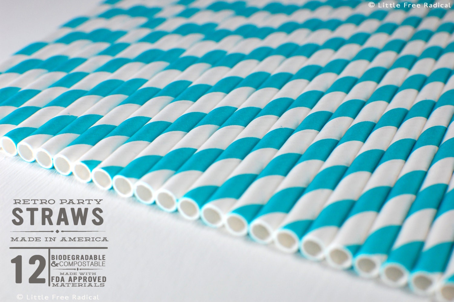 12 Aqua  Striped Biodegradable Paper Straws & Digital Flags - Party - Birthday - Baby Shower - Wedding