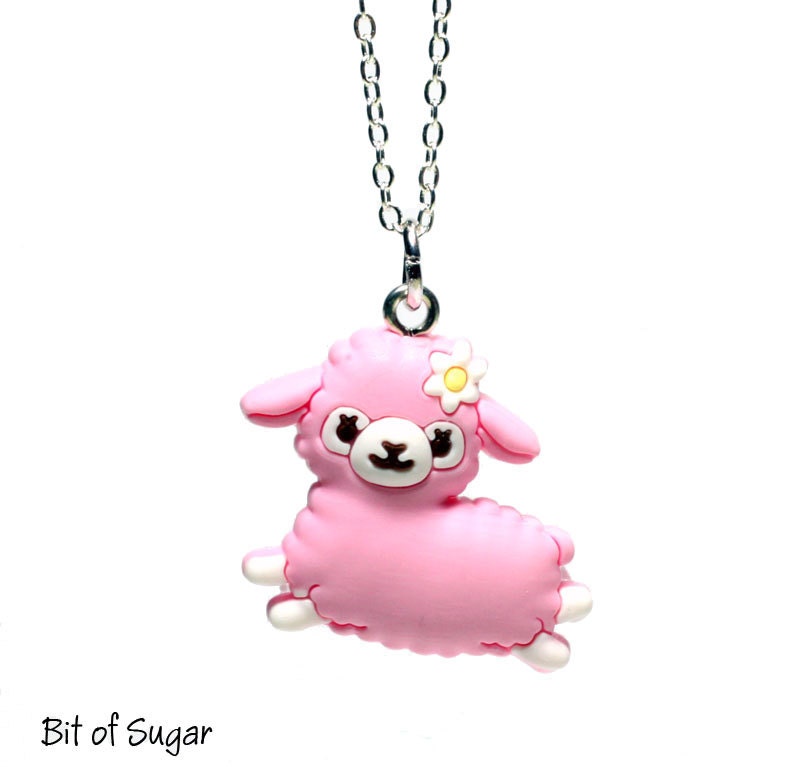 Kawaii Alpaca Necklace - Pink cute miniature animal charm - llama camel pendant jewelry