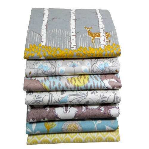Fat Quarter Bundle - TIMBER & LEAF - Aqua and Taupe - Sarah Watts for Blend Fabrics - 7 pcs